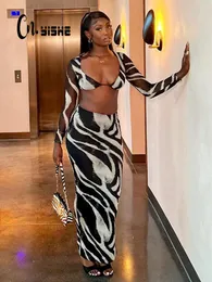 Pants Cnyishe Elegant Vneck Sexy Top and Maxi Skirt Matching Set for Women Party Club Zebra Print Two Piece Sets Women's Skirts Suits