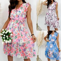Casual Dresses Women's Printed Sundress Sexy Floral V Neck Tie Sleeveless Summer Dress