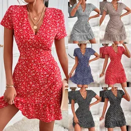 Vestido de verão novo vneck geométrico pontilhado floral vestido feminino plissado decoração xtype sexy country estilo casual