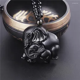 Pendant Necklaces Handmade Om Beads Chain Natural Black Obsidian Carved Mother Baby Cute Elephant Amulet Lucky Necklace 1314