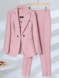 Calças femininas de duas peças moda feminina conjunto de 3 peças formal blazer colete e calça terno elegante marinho rosa damasco escritório senhoras negócios trabalho
