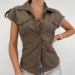 Женские блузки Doury Vintage Frush Women Summer Button Up Blouse Blouse Pocket Carge Cargo Эстетический гранж