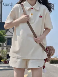 Tvådelade byxor för kvinnor Xgoth Summer Japan Preppy Girly Sportsdräkter Kvinnor Lapel Kortärmad T-shirt Bredbenshorts Student Tvådelad/enkelt 230707