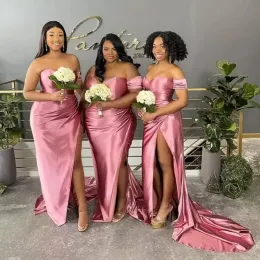 Vestidos de dama de honra sexy fora do ombro rosa até o chão convidado de casamento júnior dama de honra vestido de seda elástica como cetim vestidos de festa sereia lado split