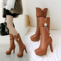 Boots Sianie Tianie Round Toe Sweet Ladies Winter Shoes Platform Spike High Heels Mid-calf Woman With Pearls Pendant Decoration
