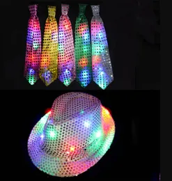 New Party Kids Adult LED Light Up Tie Sequin Jazz Fedora Hat Flashing Neon Party Gift Costume Cap Birthday Wedding Carnival