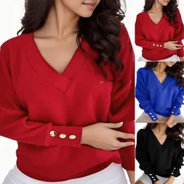 البلوزات النسائية الصيفية v-neck t Shirt ألوان صلبة كبيرة الحجم طويلة الأكمام الطويلة الفضفاضة ملابس خارجية ملابس أوروبية وأمريكية على الطراز الأوروبي