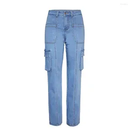 Jeans feminino cintura alta calça reta perna larga elástico bolso grande roupas de trabalho calças casuais tamanho S-3XL