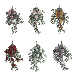 Flores Decorativas 22 Cabeças Austin Rose Simulação Pendurada Videira Artificial Flor Falsa Janela Parede Decoração de Casa Decoração de Arco de Casamento