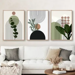 Paintings 3pcs Modern Abstract Green Plants Leaf Sun Lines Wall Boho Art Canvas Painting Posters Prints Pictures Living Room Decor Gifts 230707