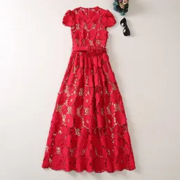 Европейское и американское женское платье 2023 Лето в новом стиле круглое шея с коротким рукавом Полово красные кружевные мод