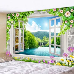 Tapestries Wall Window Scenery Wall Hanging Tapestries Tapestry Wall Carpet Photographic Background Cloth Living Room Blanket R230710