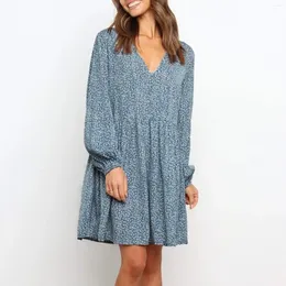 Robes décontractées drapé col en v imprimé fleuri volants robe printemps été à manches longues lâche Mini femme vacances robe d'été Vestidos