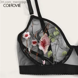 BH-set COLROVIE Blommor Broderade Bygel Underkläder Set Kvinnor Sheer Intimates 2019 Sexiga Set Blommor BH och stringtrosor Dam BH Set LJ201211 Z230710