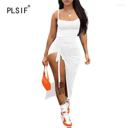 Casual Dresses Sexy Women's Summer -selling Sleeveless Round Neck Fashion Temperament Slim Solid Color Split Design Street Talent Dress