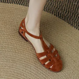 S Roman Stil Sandal Yaz Gladyatör Sandalet Sandalet Kadın Daireleri Cowhide Lady Süet Retro Retro Salping Strap Vintage Düz Ayakkabı 229 Kadın Caual Ayakkabı