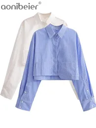 Calças aonibeier primavera moda listrado impressão feminina blusa traf manga longa remendo bolsos cortado solto camisa feminina oversize topo y2k