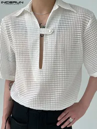 Men's Dress Shirts Casual Simple Style Tops INCERUN Men Textured Slightly See-through Blouse Fashion Solid Chest Slit Short Sleeve Shirts S-5XL 230710