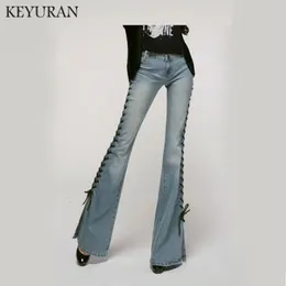 Kadın kot pantolon zarif modern streç düşük bel bootcut moda bandaj asansör çan alt geniş bacak parlama denim pantolon 230707