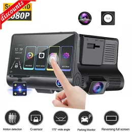 Nova câmera de painel de 3 lentes 4" Touch Screen Dash Cam 1080P gravador de vídeo de carro Frente interna traseira Cam Sensor G Detecção de movimento Estacionamento