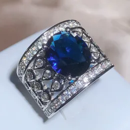 Aliança de casamento de zircônia azul oca para mulheres em forma de gota d'água com microembutimento, simulação, joias simples, anel de noivado com broca completa