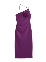 Повседневные платья Mesttraf Женщины мода Y2K цветочные аппликации асимметричные миди -платья сексуальное без спинки тонкие тонкие ремни женщины Вестидос