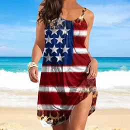 Vestidos casuais femininos verão decote redondo solto sem mangas dia da independência 3D impressão digital faixa saia vestido de praia maxi com mangas