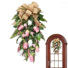 Fiori decorativi 22 pollici Ghirlanda di fiori di tulipano rosa Decorazioni per porta d'ingresso Decorazioni floreali fatte a mano con fiocco di juta per giardino di casa