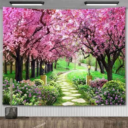 Tapices Flor de cerezo Camino Colgante de pared Tapiz Paisaje floral Tapices Estética Decoración de la habitación Boda Cumpleaños Fondos de pantalla para el hogar R230710