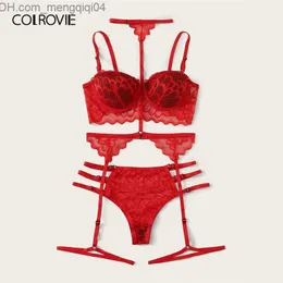 브라스 세트 Colrovie Red Floral Lace Underwire Garter Lingerie Set Choker Women Push Up Intimates Sexy Sets Ladies Cut Out Bra Set Y200415 Z230710