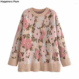 Camisolas Femininas Femininas Floral Jacquard Vintage Oversize Malha Suéter Mujer Gola Redonda Manga Comprida Casual Outono Inverno Pulôver Tops