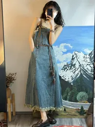 Casual Dresses Women Denim Strap Dress High Waist Sleeveless A-Line Jean Maxi Spring Summer Lace Up Long