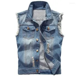 Gilet da uomo Giacca senza maniche in denim alla moda Gilet da uomo in cotone strappato Casual Hip Hop Streetwear