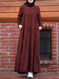 Robes décontractées femmes automne à manches longues imprimé Zip robe à col rond Vintage élégant mode fantaisie Floral surdimensionné ourlet a-ligne