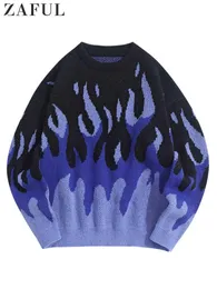 Jaquetas Zaful Suéter para Homens Fogo Chama Gráfico Suéteres Y2k Streetwear Malha Pulôver Mangas Compridas Outono Inverno Quente Jumper Masculino