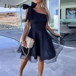 Casual Dresses Sexy One Shoulder Mesh Prom Party Dress Fashion Off Bow Lace-up A-line Elegant Women Solid Waisted Big Hem