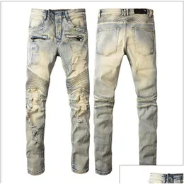 Herrjeans 2022 Designer Herr Hip-Hop Mode Dragkedja Håltvätt Jean Retro Torn Viksömmar Herrdesign Motorcykelåkning Cool Sli Dhtmf