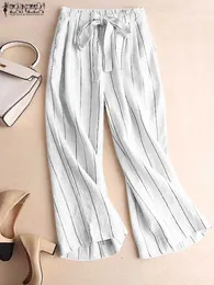 ZANZEA modne paski z nadrukiem spodnie kobieta czysta bawełna sznurowane spodnie kobiece dorywczo spodnie z szerokimi nogawkami Holiday Street Pantalon Capris L230621