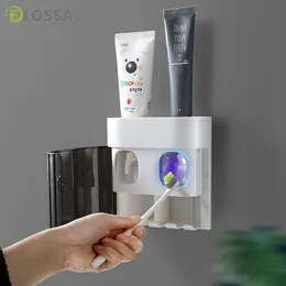 Toothbrush Holders ELOSSA Punch Free Bathroom Shelf Wall Mounted Automatic Toothpaste Squeezer Dispenser Home Accessories Set 230710