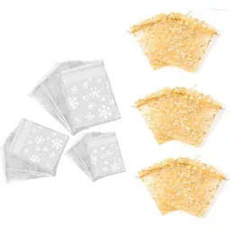 Gift Wrap 300 Counts Resealable Cellophane Snowflake Bags With 100Pcs 9X12cm Sheer Drawstring Heart Organza