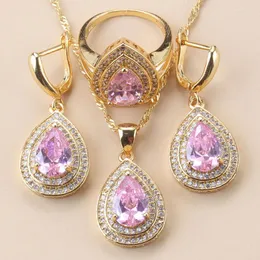 Necklace Earrings Set Bride Bridesmaid Pink Cubic Zirconia Wedding Costume Water Drop For Women And Ring Free Gift Box