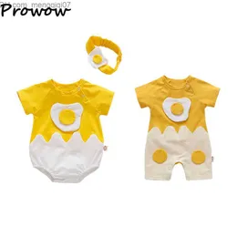 Pagliaccetti Prowow Estate Baby Twin Abbigliamento Ragazzi Ragazze Cartone animato Uovo fritto Indumento attillato Body + Fascia sorelle Fratello Set coordinato Z230710