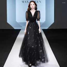 Etniska kläder franska svart mesh formell party klänning sommar kvinnor bankett kinesiska qipao cheongsam elegant puffhylsa maxi prom