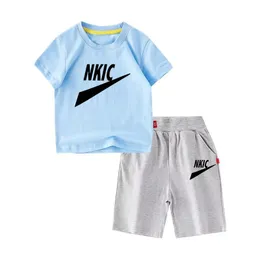 Sommar Baby Pojkar Flickor Bomull 100% Klädset Barn Blå Grå T-shirt Shorts 2 Styck för Barn Casual Brand Outfits 2-9 Y Boy Kid Träningsoveraller