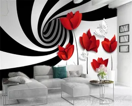 Wallpapers 3d Flower Wallpaper Black Lines Expand Space Red Flowers Living Room Bedroom Protection Decoration Mural