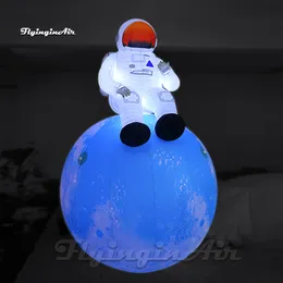 Amazing Illuminated White Inflatable Astronaut Sitting On Blue Moon Planet Balloon With LED Light For Party Decoration