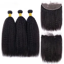 10A Brazilian Hair Weave Bundles With Frontal Kinky Straight Human Hair 3 Bundles With 13x4 HD Lace Frontal