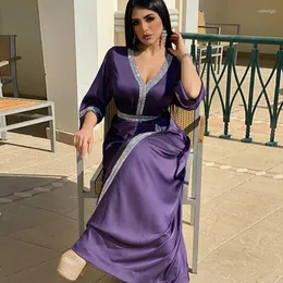 Ropa étnica musulmán islámico Abaya 2023 satén Maxi vestido para mujeres Turquía árabe diamante cuello en V manga larga Jalabiya