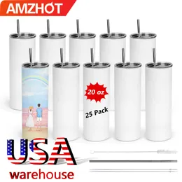 Usa Warehouse Stainless Steel 20oz Sublimation Tumblers With Straw Indivual Packed CA Stocked 20OZ Car Mugs Stainless Steel Water Bottles JY10