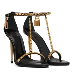 Słynne letnie sandały z kłódką buty damskie pasek w kształcie litery T krawężnik-łańcuszek złoty metal złoty czarny różowy szpilki wesele Lady Sexy Gladiator Sandalias EU35-43
